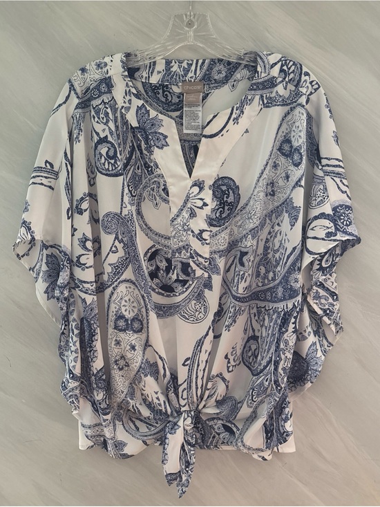 Chico's Tops - Chico's 2 (L) White/Blue Paisley V-Neck Kimono Sleeves Tie Hem Blouse Coastal